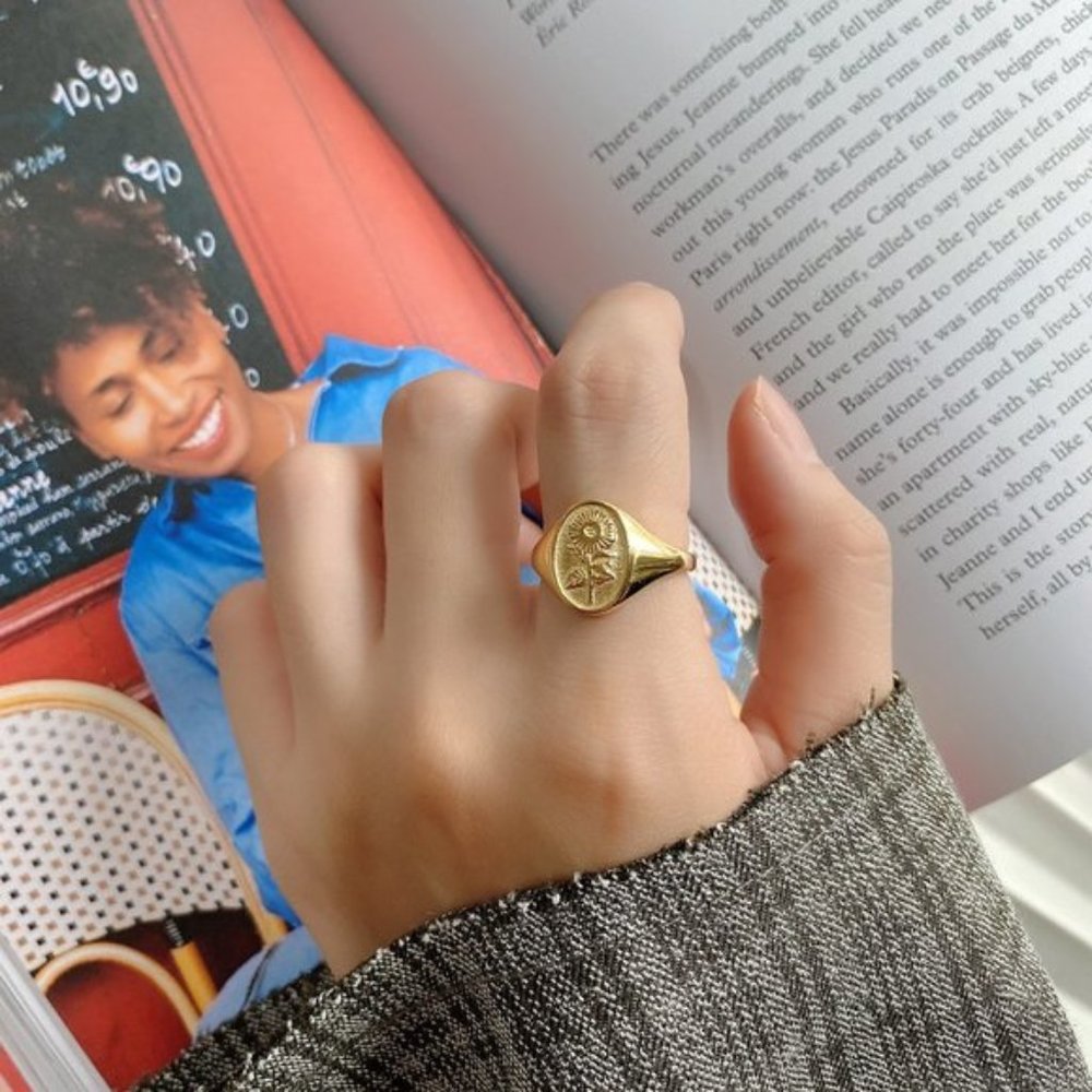 18K Goldplated Sunflower Floral Signet Ring